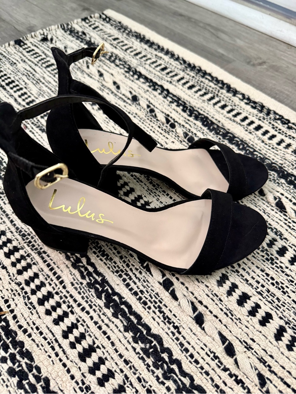 Lulu's Black Suede Low Block Heel Sandals with Ankle Strap